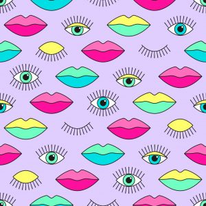 Seamless pattern in 80s style with eyes and lips for your decoration.