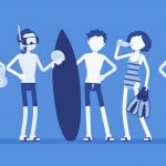 Teenagers enjoy sport and water activity on beach. Group of active teens in swimwear to practice swimming, diving, water polo, or surfing, watersports club. Vector illustration, faceless characters